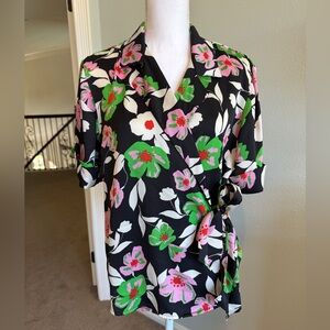Who What Wear for Target Floral Wrap Blouse - Black, Green, Pink - Size Medium